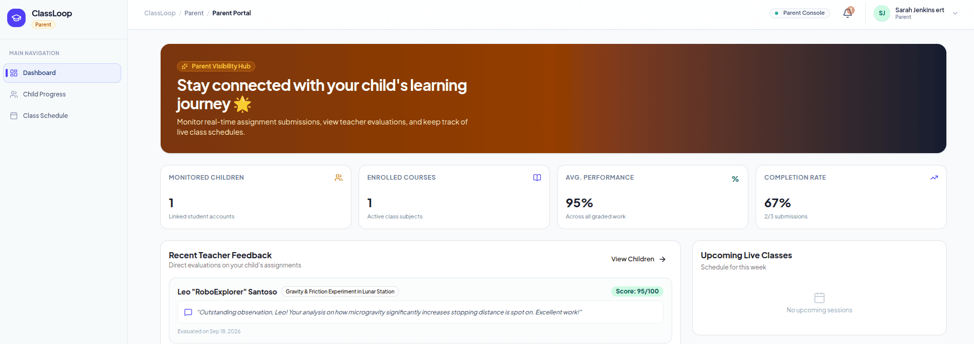 ClassLoop Parent Portal Multi-Child Monitoring UI