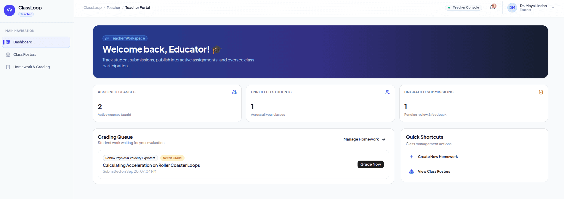 ClassLoop Teacher Hub Classroom Management UI